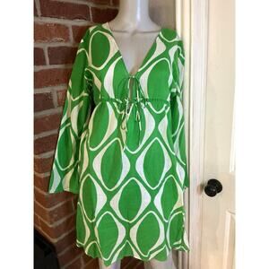 Retro Green White Print Mini Dress Boho Babydoll Tunic Festival Keyhole Medium